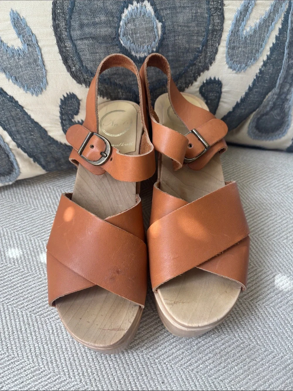 No. 6 Cognac Leather Crisscross Wedge Sandals